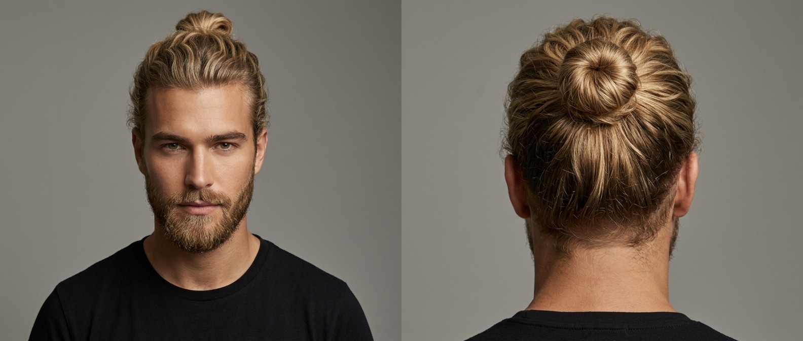 Vorder- und Rückansicht eines jungen Mannes mit blondem, welligem Haar, gestylt als texturierter High Man Bun, mit gepflegtem Vollbart.