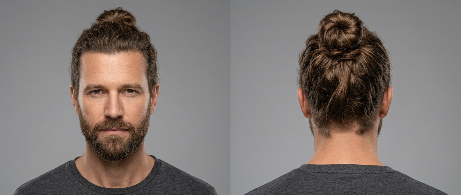 Vorder- und Rückansicht eines 45-jährigen Mannes mit dichtem Bart und klassischem, welligem High Man Bun bei mitteldichtem braunem Haar.
