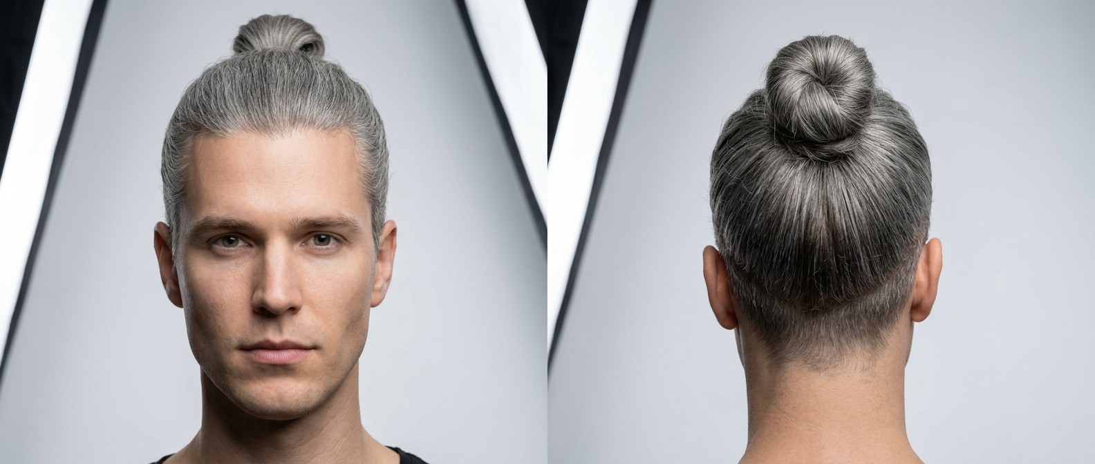 Widok z przodu i z tyłu na mężczyznę z eleganckim srebrnym kokiem typu man bun i odłączonym undercutem.