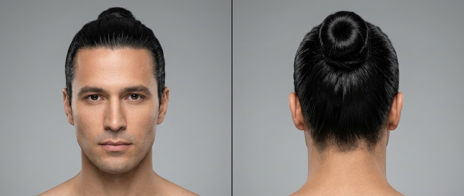 Front and back view of a man with thick black straight hair styled in a perfectly smooth, high crown man bun, highlighting a widow's peak.