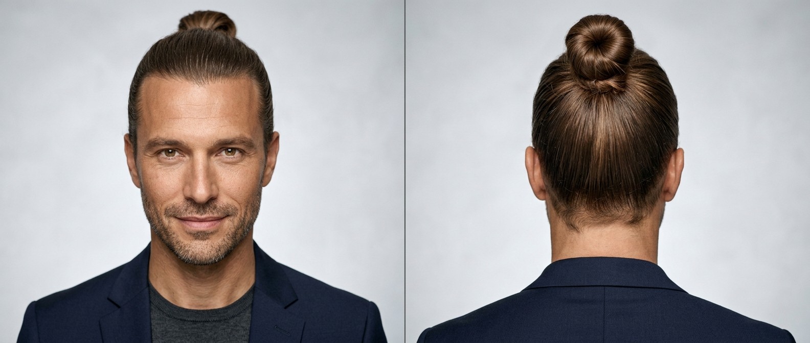 Front and back view of a 45-year-old man with olive skin and stubble wearing a sleek, high crown man bun with straight brown hair and a navy blazer.