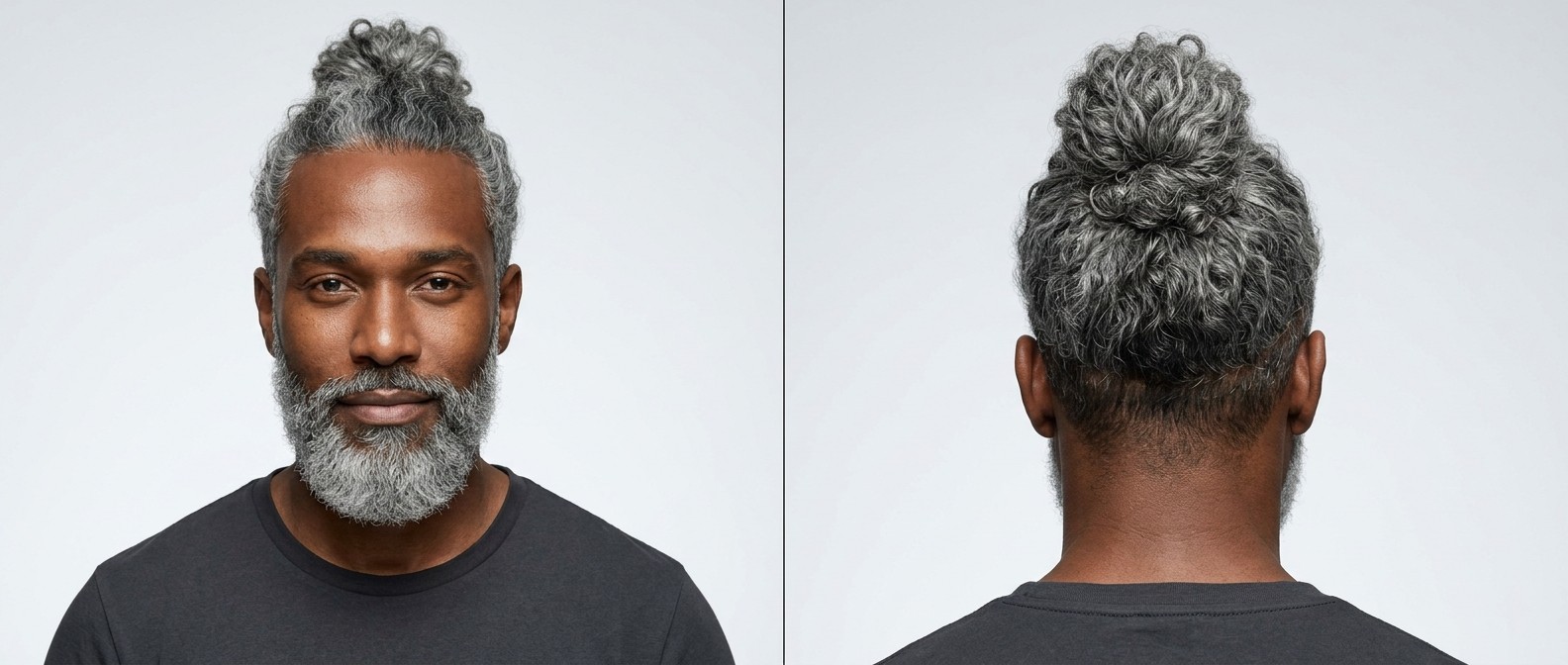 Widok z przodu i z tyłu na mężczyznę z gęstymi, srebrzystymi lokami typu 3 ułożonymi w teksturowany kok, z pełną siwą brodą.