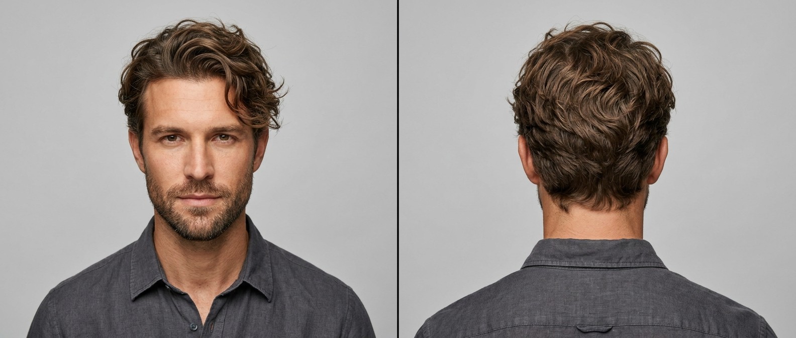 Front and back view of a Caucasian man with a short beard wearing a medium messy wavy hairstyle with a swept fringe and tapered neckline.
