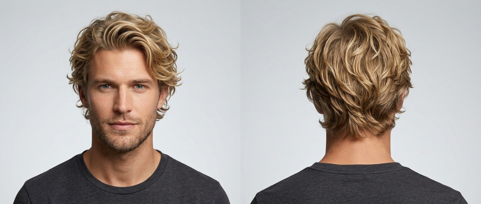 Widok z przodu i z tyłu na młodego blondyna z nieładem na głowie, falowanymi włosami zaczesanymi do tyłu i krótkim zarostem.