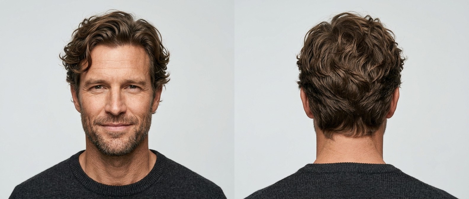 Mature Caucasian man with a medium messy wavy swept-back hairstyle, long top, medium sides, and light stubble beard, shown from front and back.