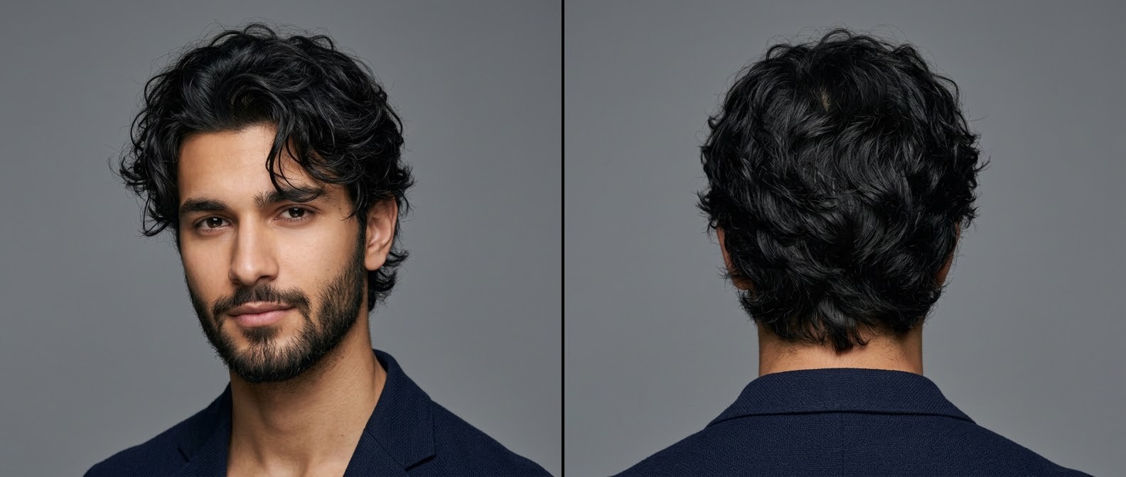 Vue de face et de dos d'un jeune homme barbu arborant une coupe mi-longue ondulée et déstructurée avec frange balayée.