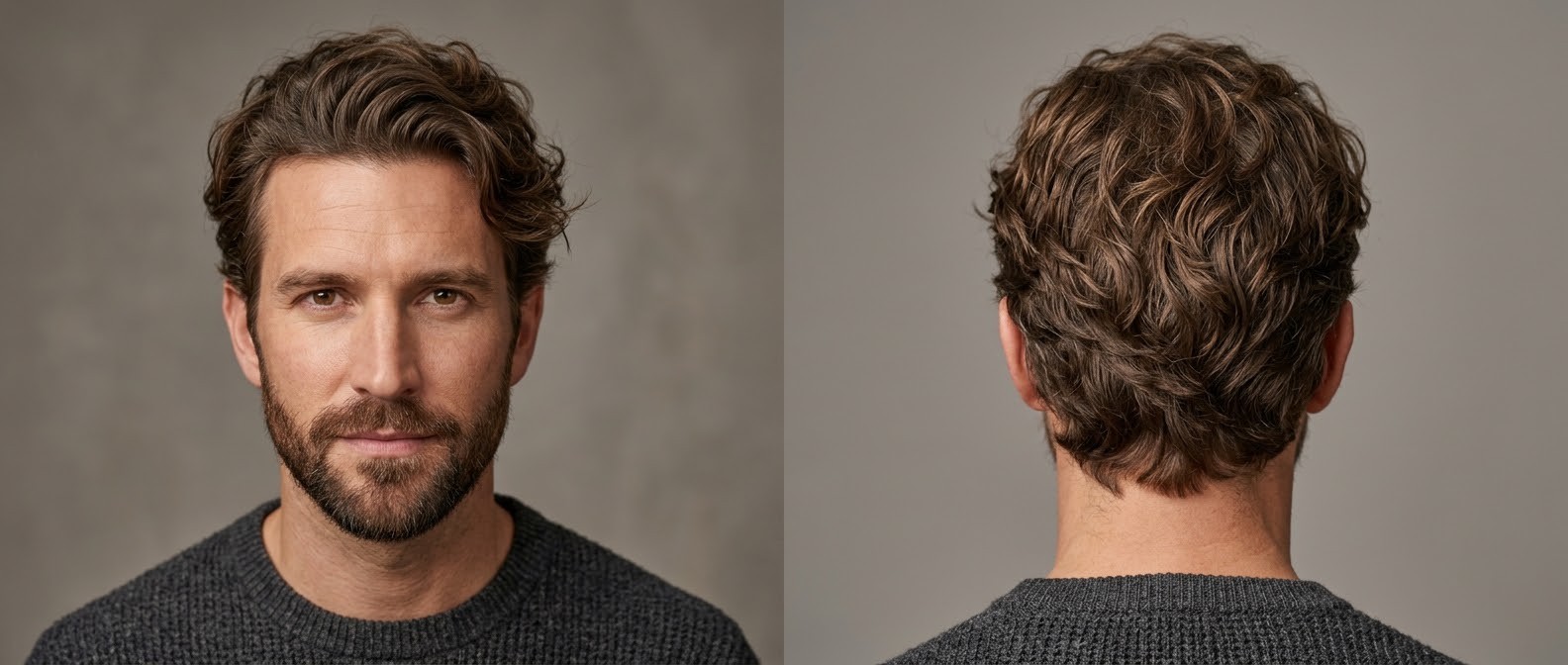 Caucasian man aged 35-45 with a medium messy wavy hairstyle, swept back front, soft tapered sides, natural widow's peak, and a groomed short beard.