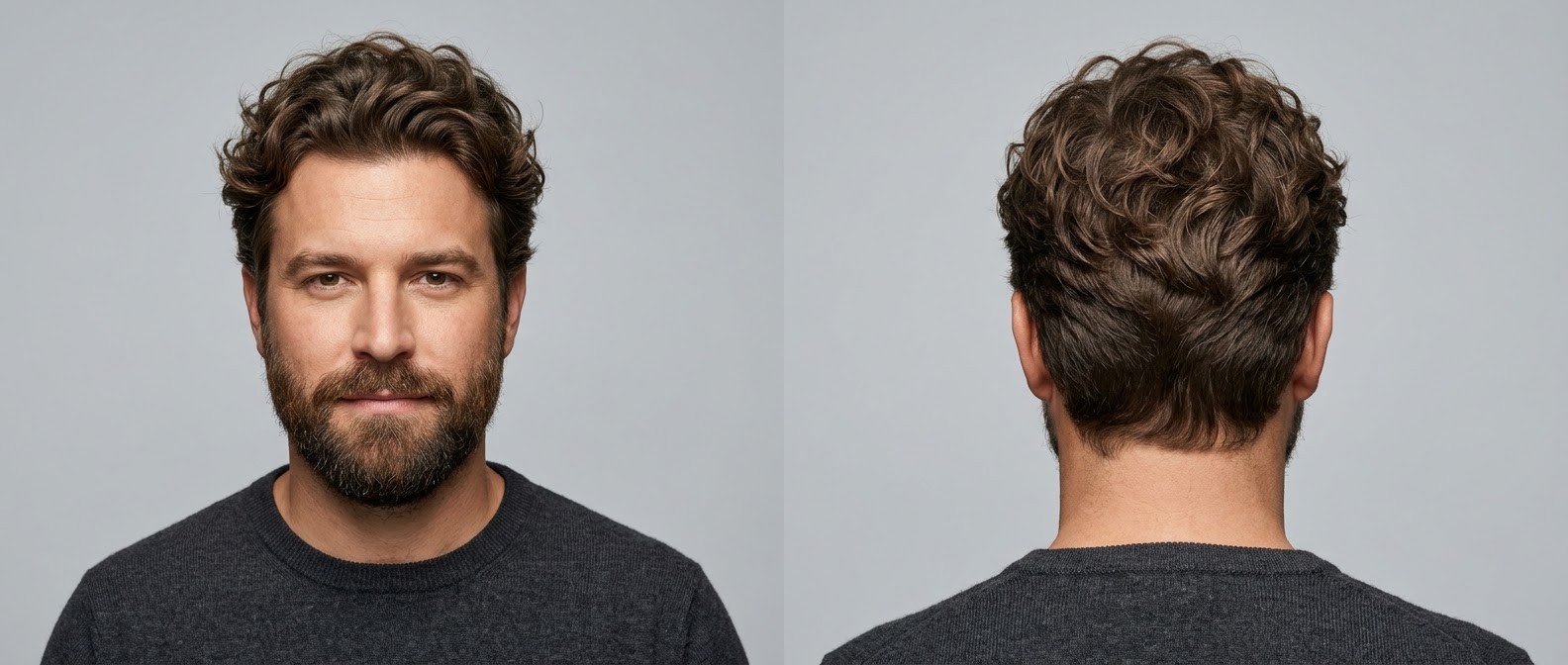 Vorder- und Rückansicht eines 40-jährigen Mannes mit mittellangem, welligem Messy Scissor Cut, dichtem braunem Haar und gepflegtem Vollbart.