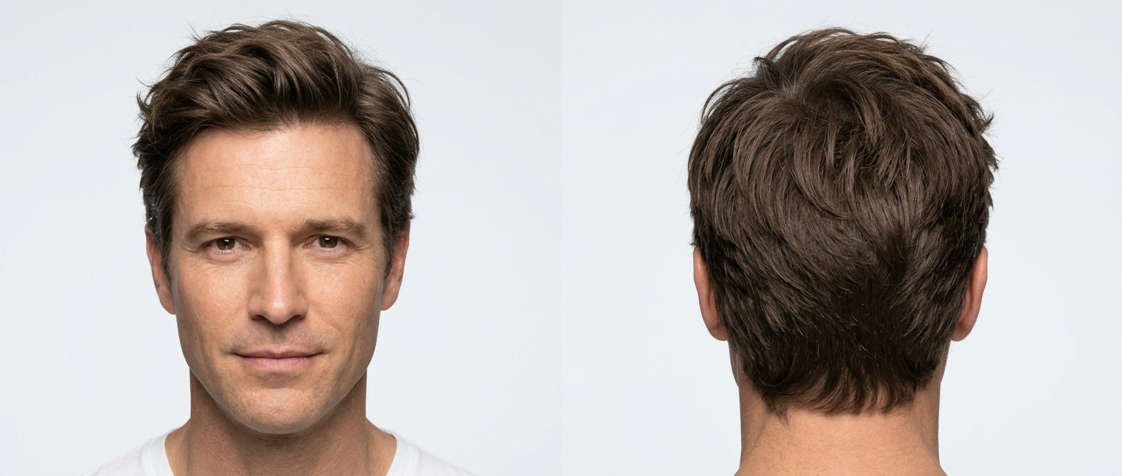 Dojrzały mężczyzna z gęstymi, prostymi brązowymi włosami w swobodnej, zaczesanej do tyłu fryzurze z teksturą.