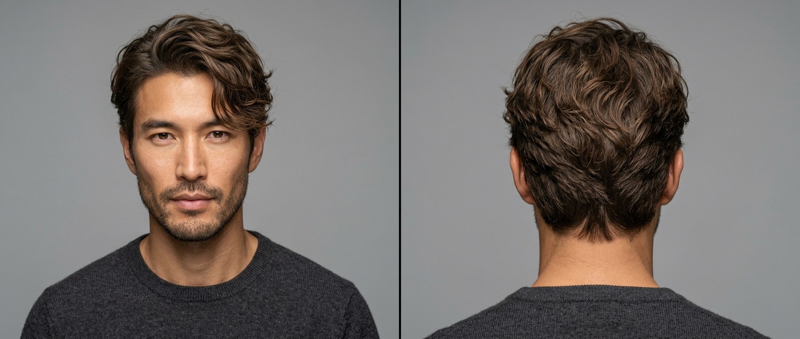 Mężczyzna w wieku 35-45 lat z falowanymi włosami, krótkimi bokami i zaczesaną grzywką, prezentujący stylizację messy.