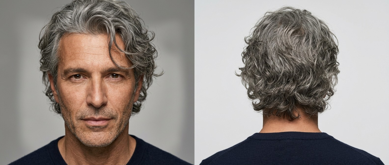 Mężczyzna 45+ z siwymi włosami w średniej długości, swobodnej fryzurze typu messy wave z dłuższą górą i zaczesanymi bokami.