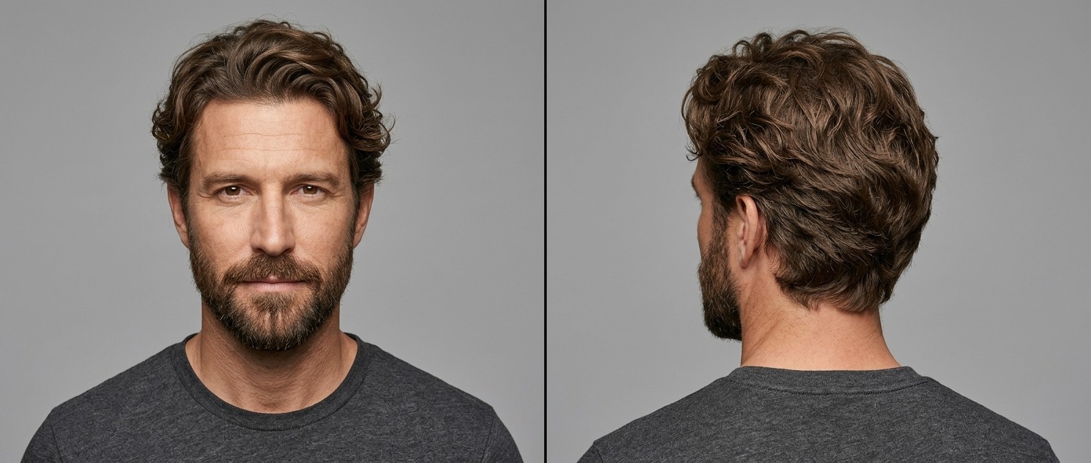 Reifer Mann mit kurzem Bart und mittellangem, welligem Swept-Back-Haarschnitt mit texturierten Schichten.