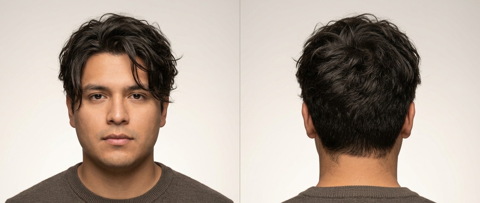 Front and back view of a Latino man with thick, dark brown hair styled in a medium messy haircut with a long sweeping fringe and tapered sides.