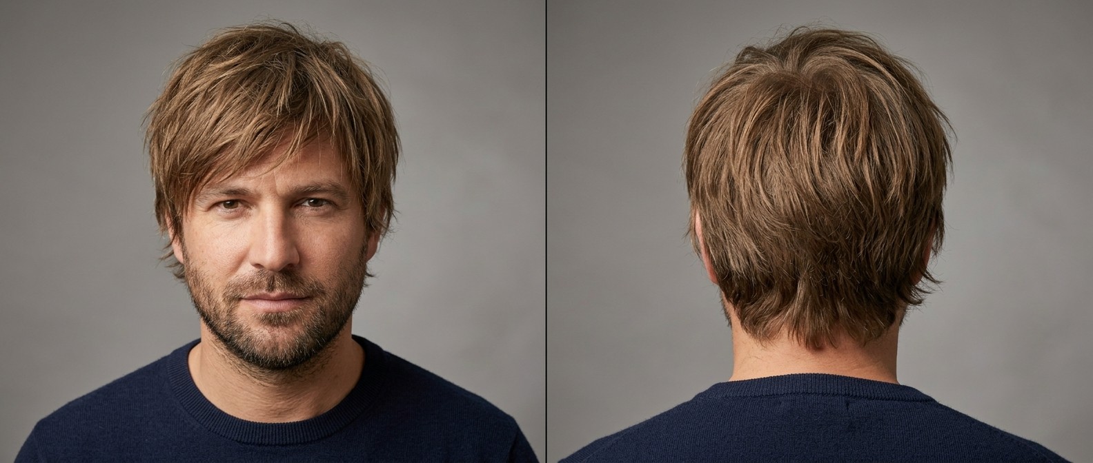 Reifer Mann mit mittellangem, messy texturiertem Shag-Haarschnitt, hellbraunem Pony und kurzem Bart, Ansicht von vorne und hinten.