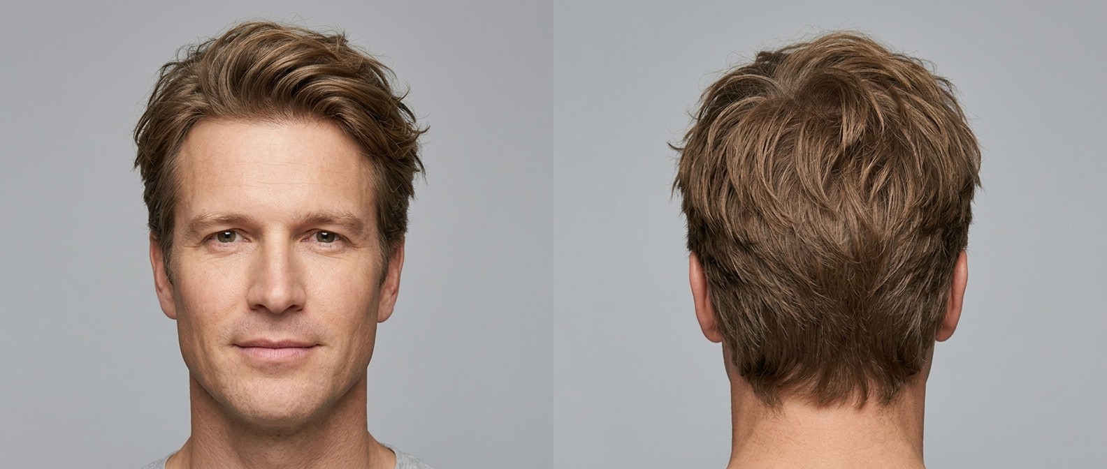 Widok z przodu i z tyłu na dojrzałego mężczyznę z zaczesaną do tyłu fryzurą średniej długości, z widoczną teksturą i miękko wycieniowanymi bokami.