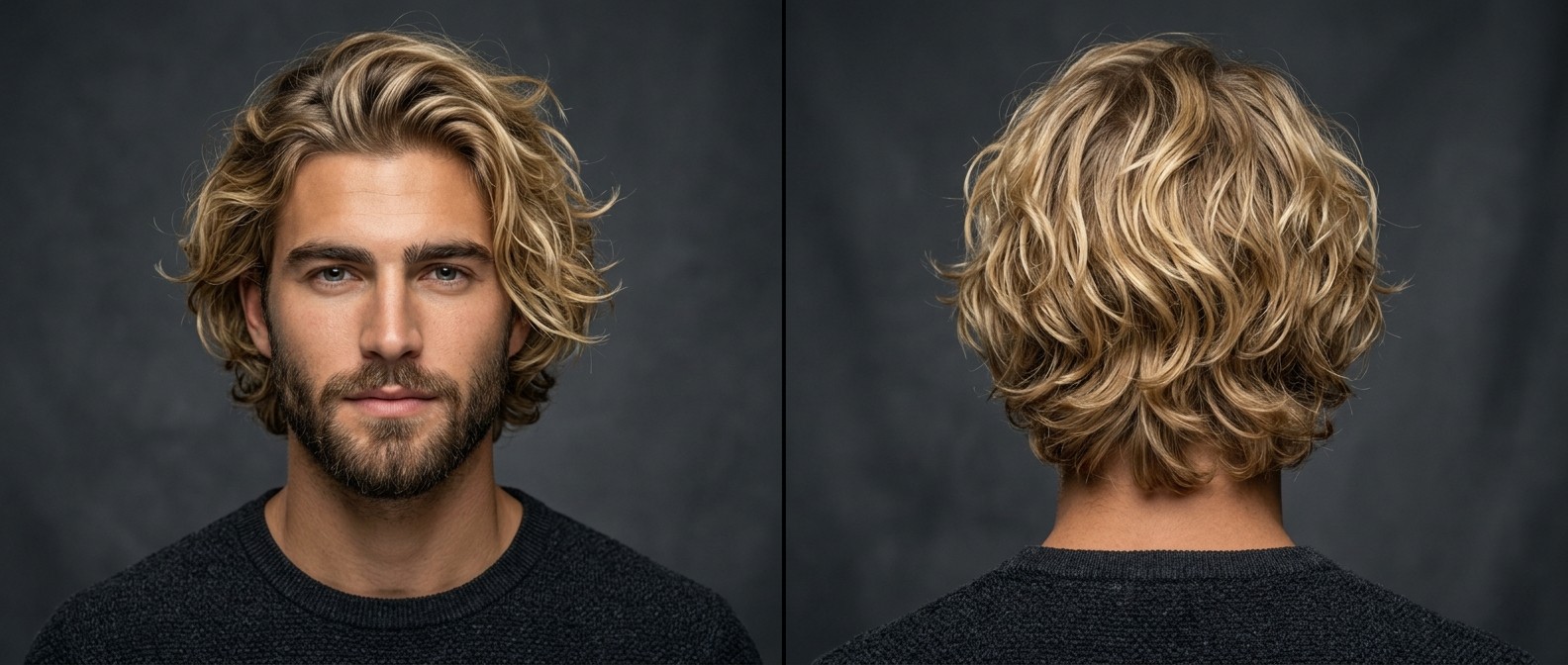 Front and back view of a young man with a blonde, medium messy wavy hairstyle featuring long textured layers on top and a sweeping, voluminous front.