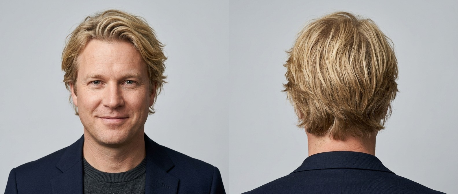 Mature man with bright blonde, medium-length messy swept-back hair, featuring textured layers, feathered sides, and a natural collar-length back.