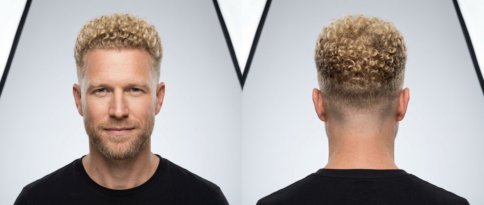 Hombre de mediana edad con corte mid skin fade, rizos rubios cortos, entradas y barba bien cuidada.