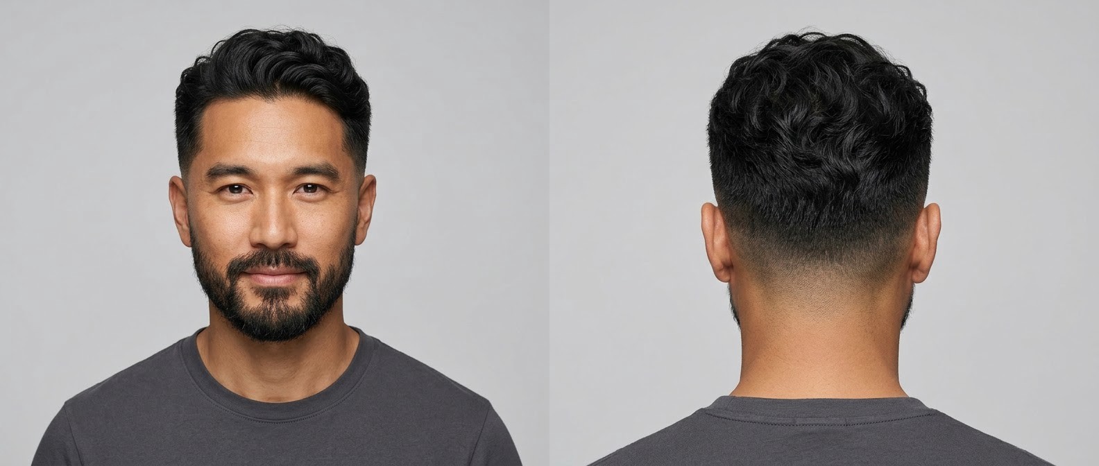 Asian man with a beard modeling a mid skin fade with medium-length, wavy black hair swept back with textured volume.