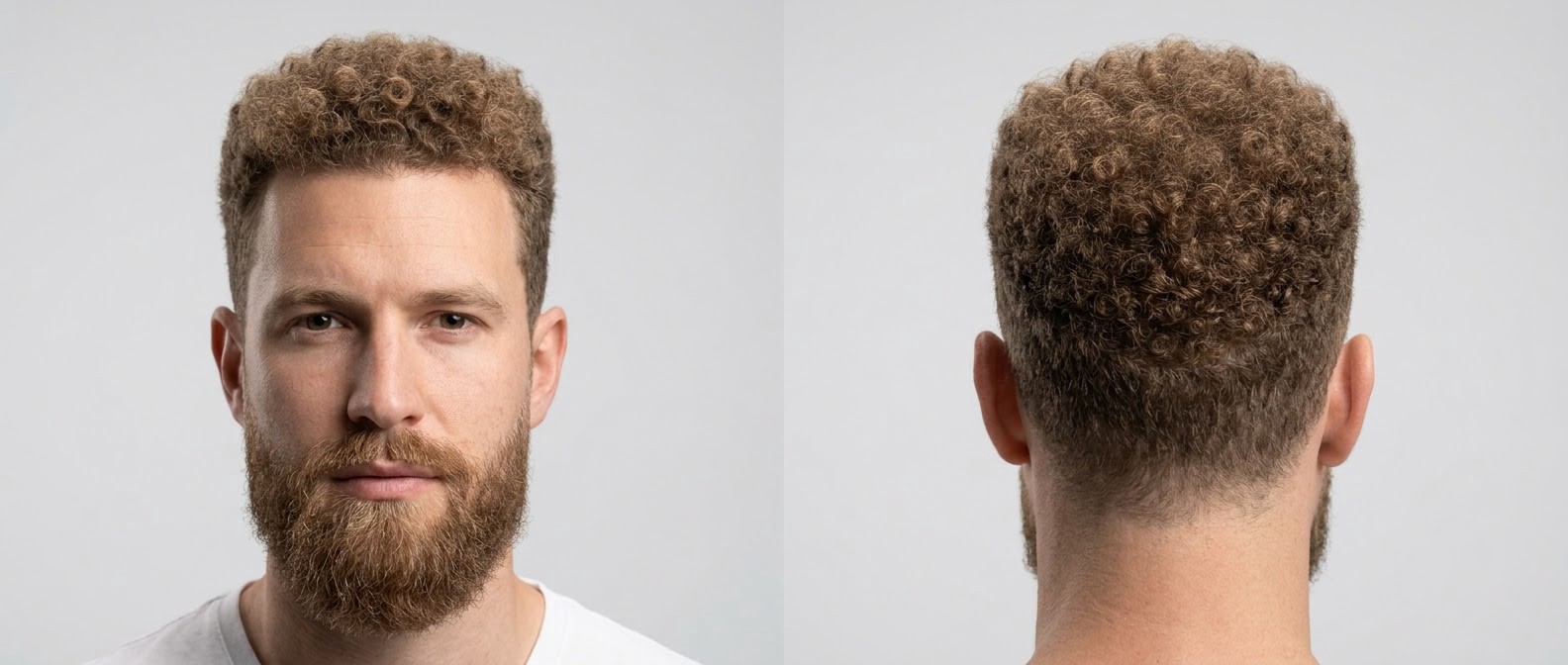 Front and back view of a Caucasian man with a light brown, tightly coiled curly afro, soft mid fade, and a full, seamlessly blended beard.