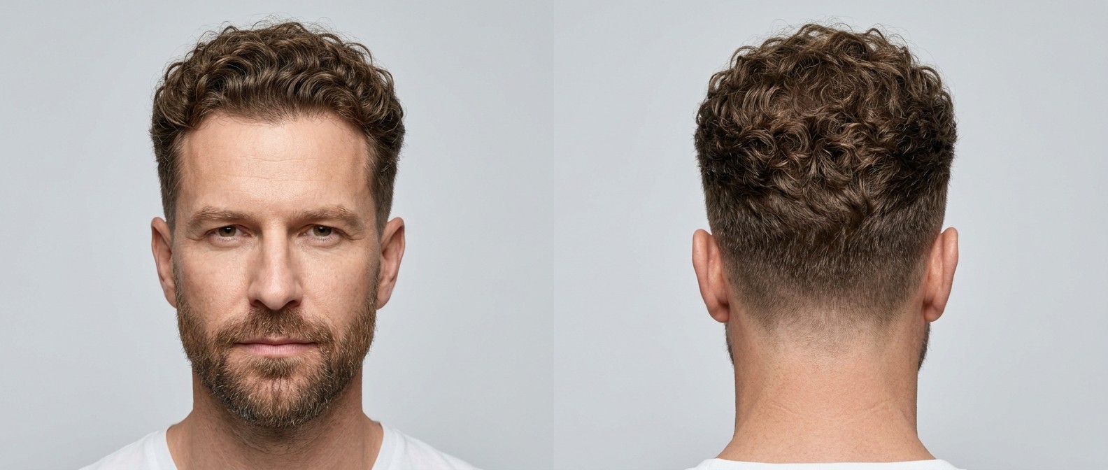 Widok z przodu i z tyłu na mężczyznę po 45. roku życia z fryzurą curly mid fade, krótką brodą i zakolami.