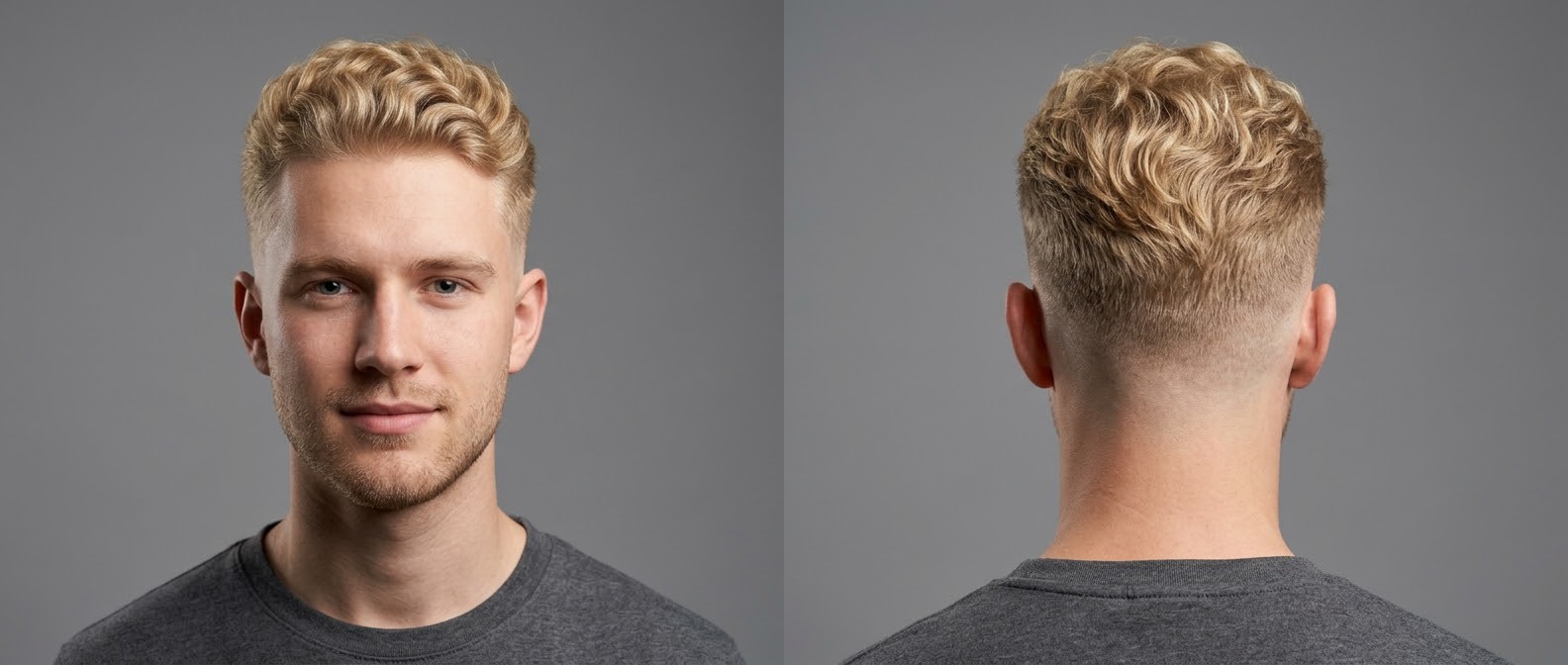 Vista frontal e traseira de um jovem loiro com corte mid fade, cabelo ondulado curto estilizado para cima e barba por fazer.