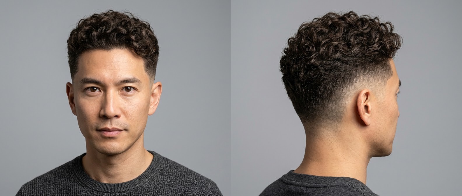 Asiatischer Mann über 45 mit dichten, dunkelbraunen Typ-3-Locken und Mid Skin Fade. Ansicht von vorne und der Seite.