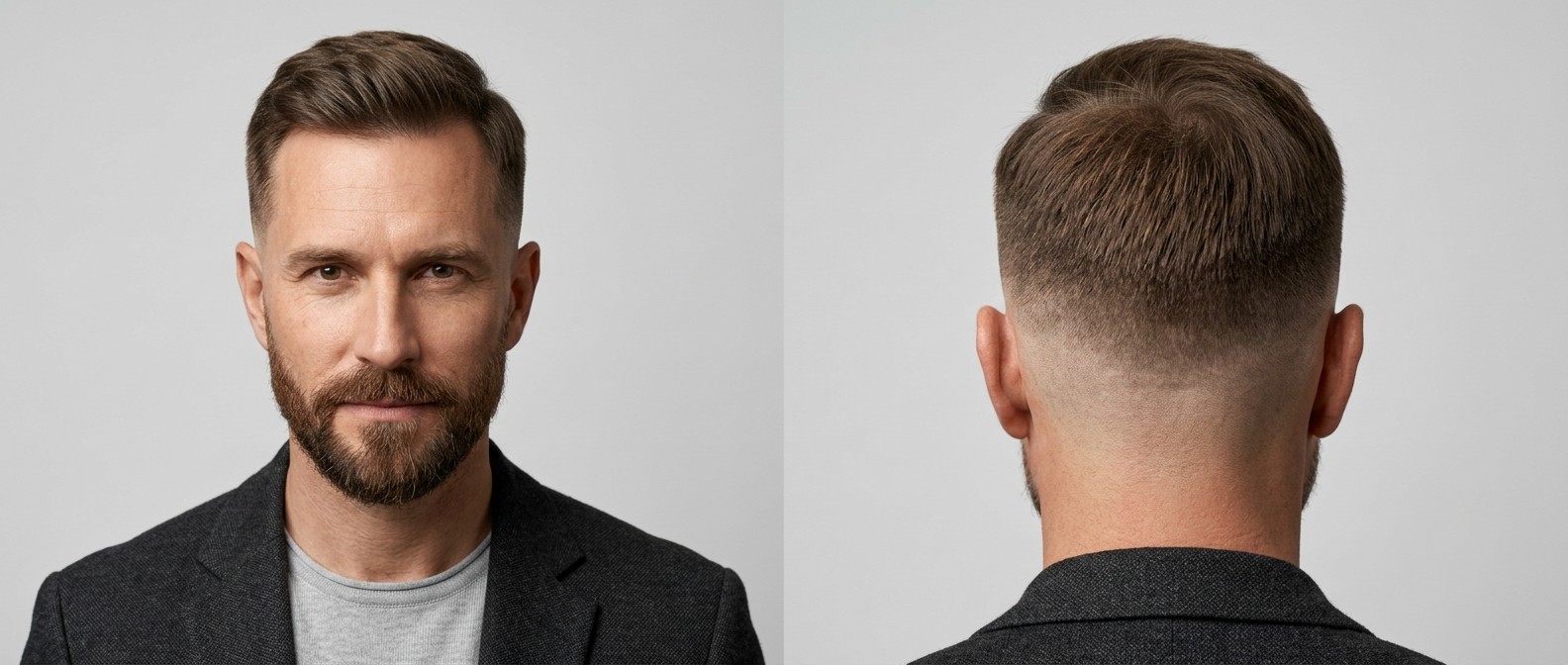 Widok z przodu i z tyłu na dojrzałego mężczyznę z mid skin fade, krótką górą zaczesaną na bok i zadbaną brodą.