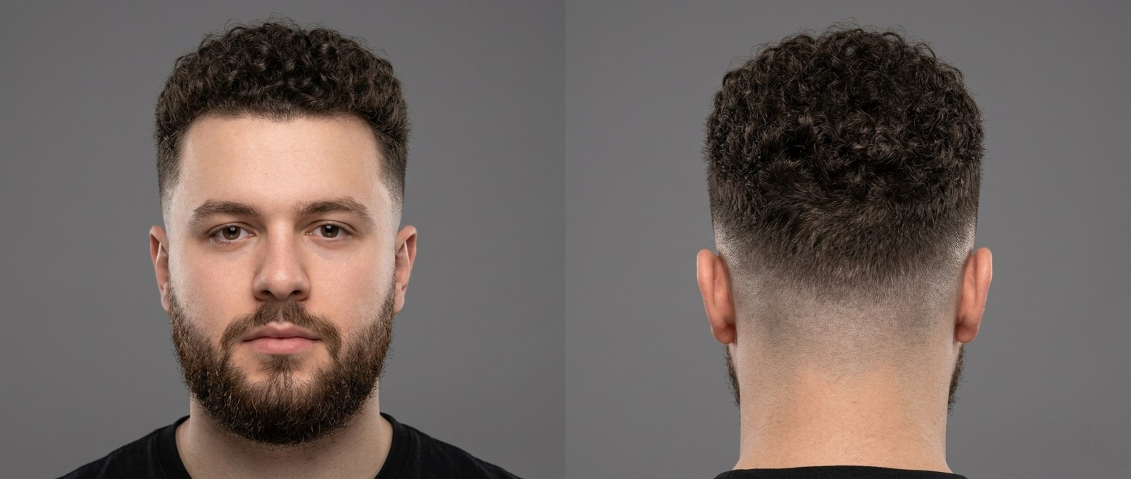 Młody mężczyzna z ciemnobrązowymi, kręconymi włosami na górze i czystym mid skin fade, z widocznym naturalnym szpicem i zadbaną brodą.