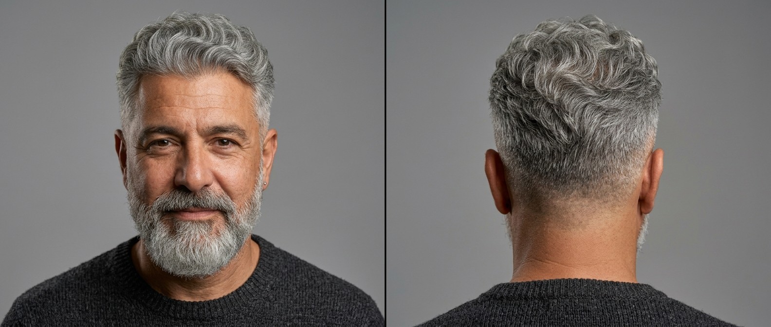 Widok z przodu i z tyłu na dojrzałego mężczyznę z falowaną fryzurą mid fade, siwymi włosami zaczesanymi do góry i zadbaną brodą.