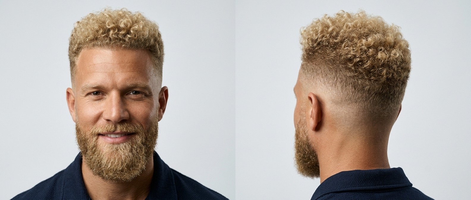 Porträt eines 40-jährigen Mannes mit blondem, lockigem Mid Skin Fade, natürlichem Witwenzipfel und gepflegtem Vollbart.