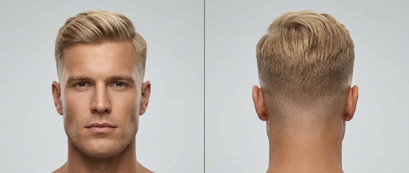Vorder- und Rückansicht eines blonden Mannes mit Mid Fade, dichtem, glattem und voluminös nach hinten gestyltem Deckhaar.