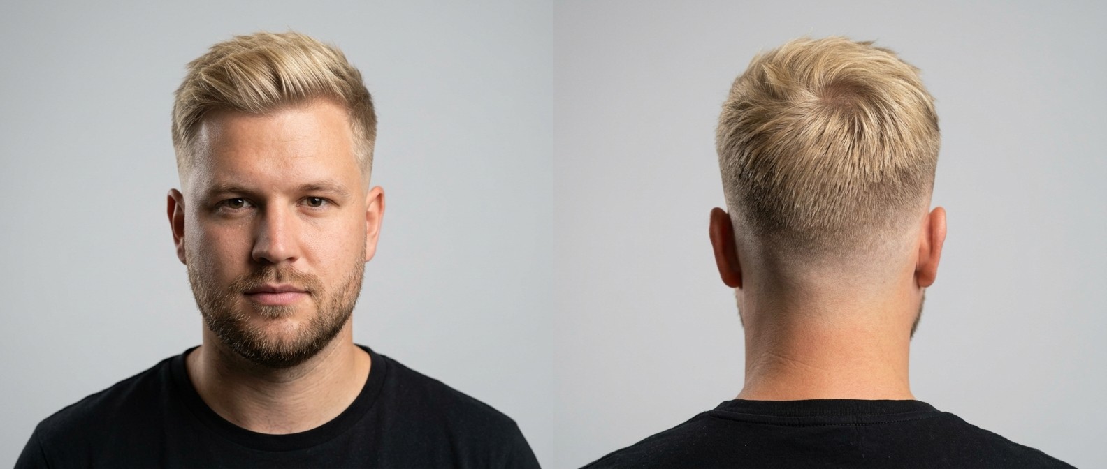 Blonder Mann mit kurzem Textured Mid Fade und Bart, gestylt als Quiff, Ansicht von vorne und hinten auf grauem Hintergrund.
