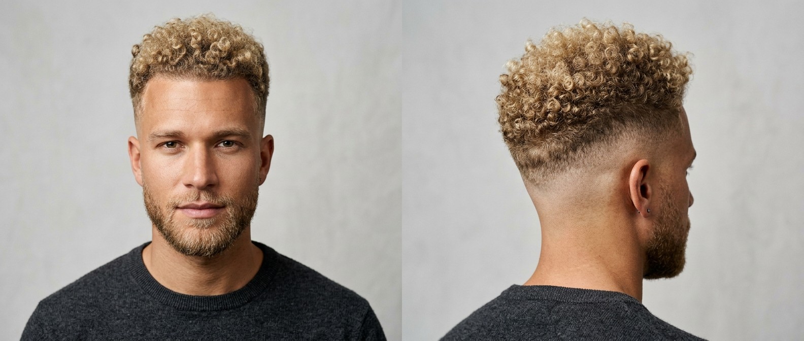 Kaukasischer Mann mit blondem Mid Skin Fade, definierten Type-4-Locken, scharfem Line-up und kurzem Bart.
