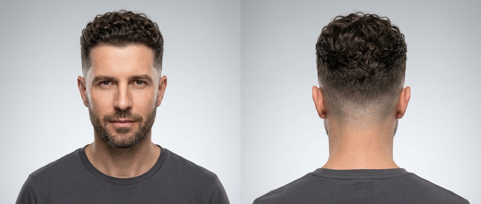 Widok z przodu i z tyłu na dojrzałego mężczyznę z mid skin fade, kręconą górą, precyzyjnym line-upem i zadbaną brodą na szarym tle.