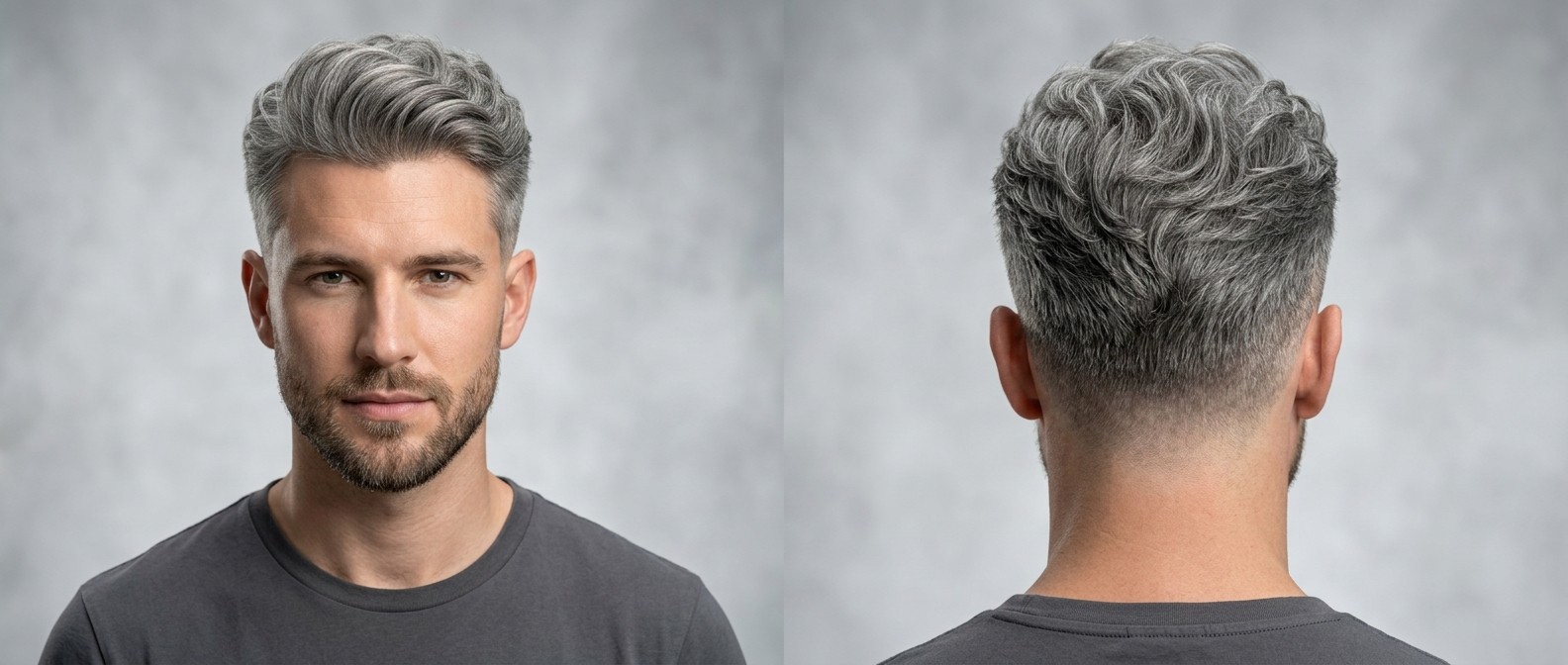 Młody mężczyzna z gęstymi, siwymi włosami ułożonymi w teksturowany quiff z mid fade i krótką brodą.