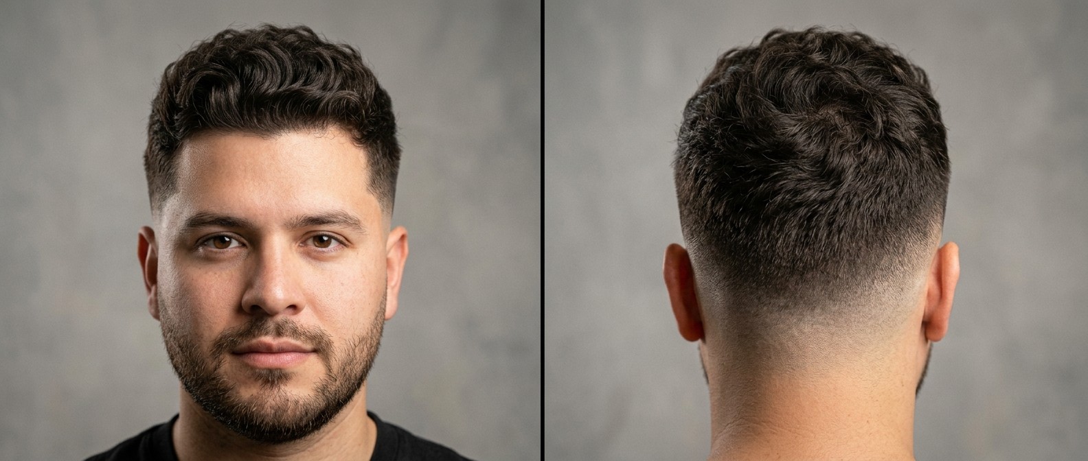 Mężczyzna z gęstymi, falowanymi włosami w fryzurze mid fade, z teksturowaną górą i zadbaną, krótką brodą.