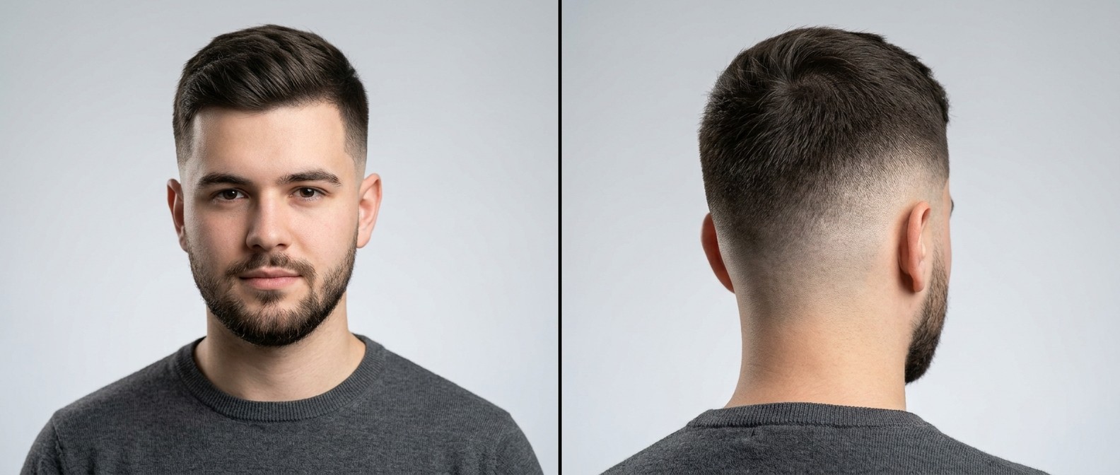 Front and back view of a young man with a mid skin fade haircut, textured side-swept top, and a neatly groomed short beard on a light grey background.