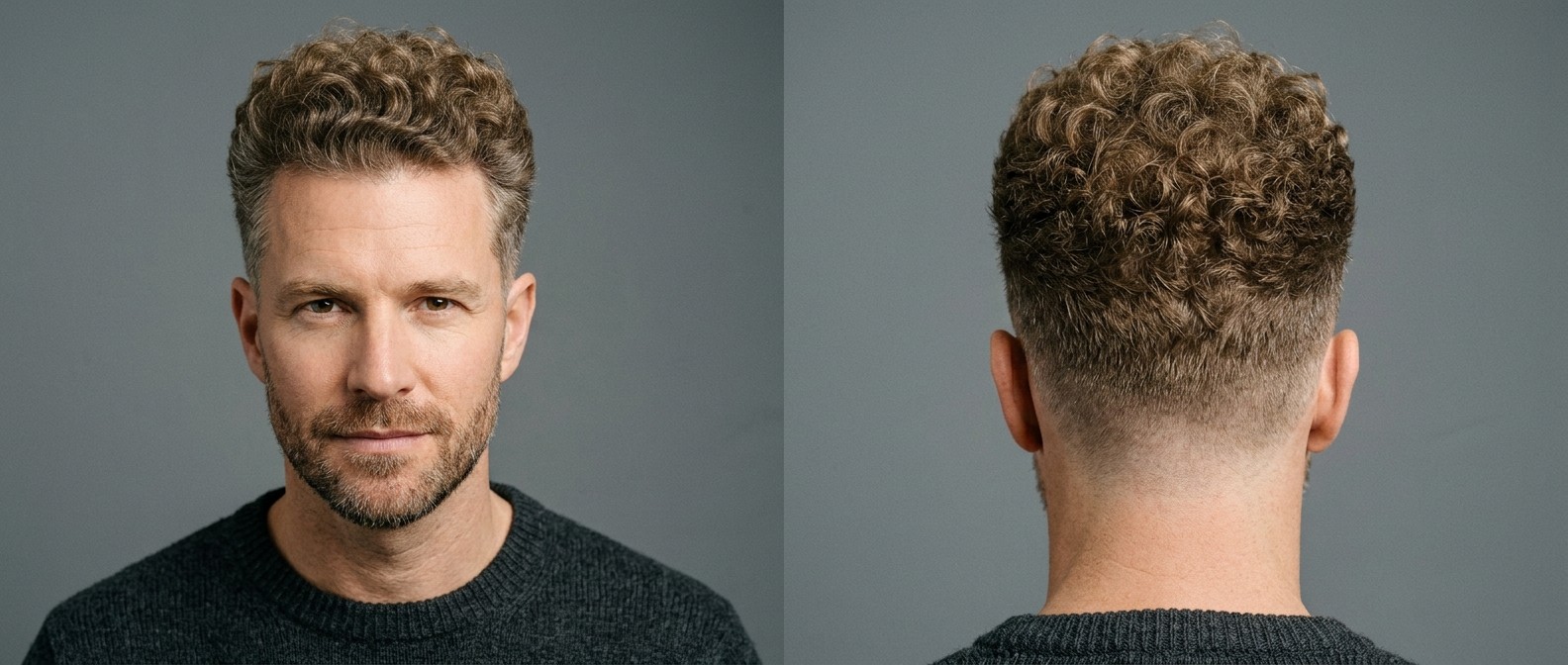 Front and back view of a mature Caucasian man with a mid fade haircut, featuring dense, very curly light brown hair on top and a stubble beard.