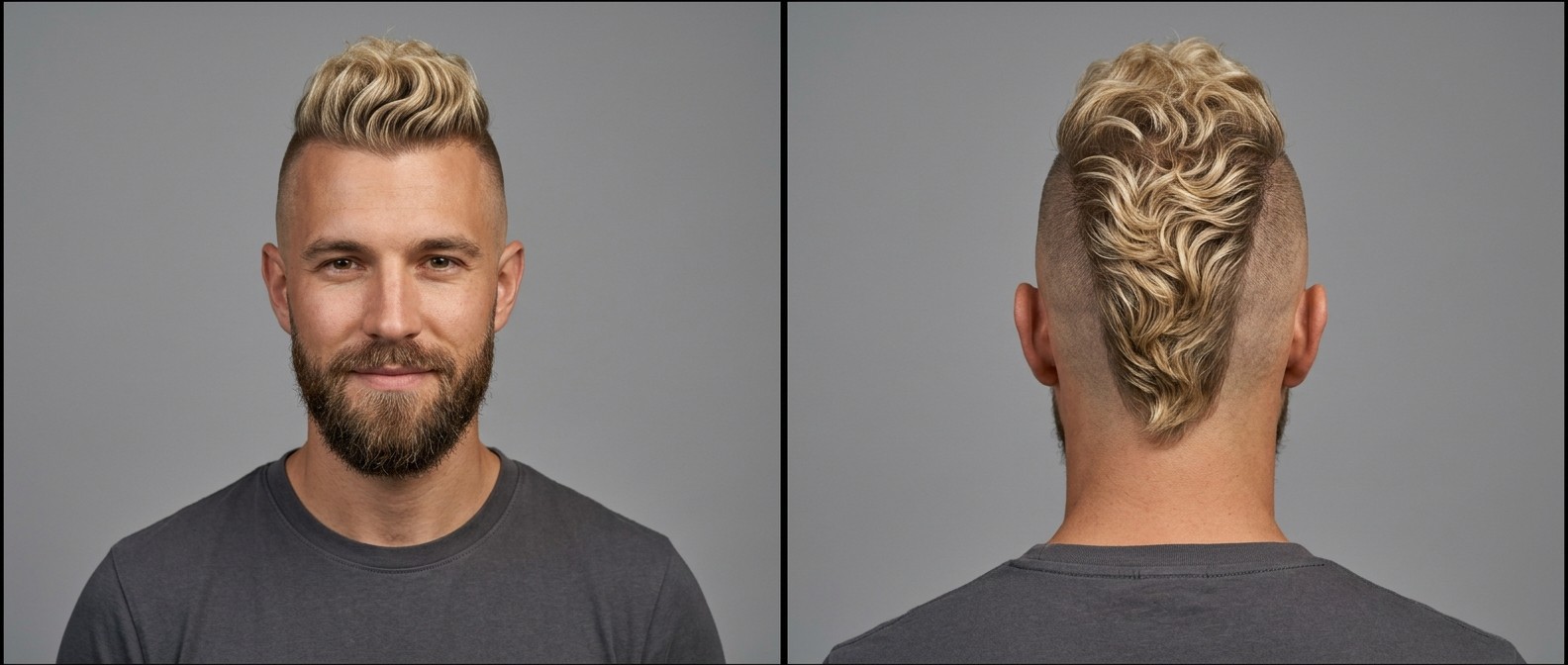 Vista frontal e traseira de um homem com mohawk loiro ondulado, laterais raspadas e barba castanha desconectada contra fundo cinza.