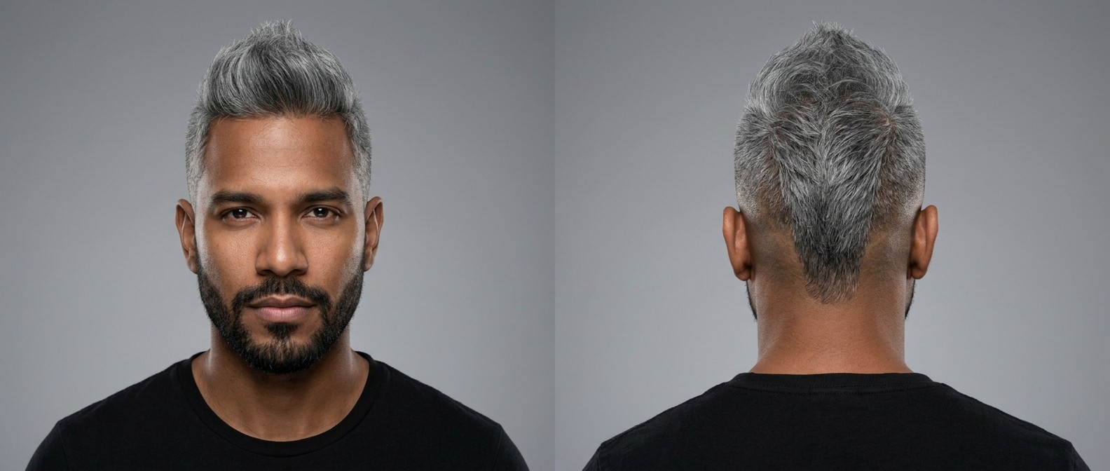 Mężczyzna z efektownym srebrnym mohawkiem, wysokim skin fade i zadbaną brodą.
