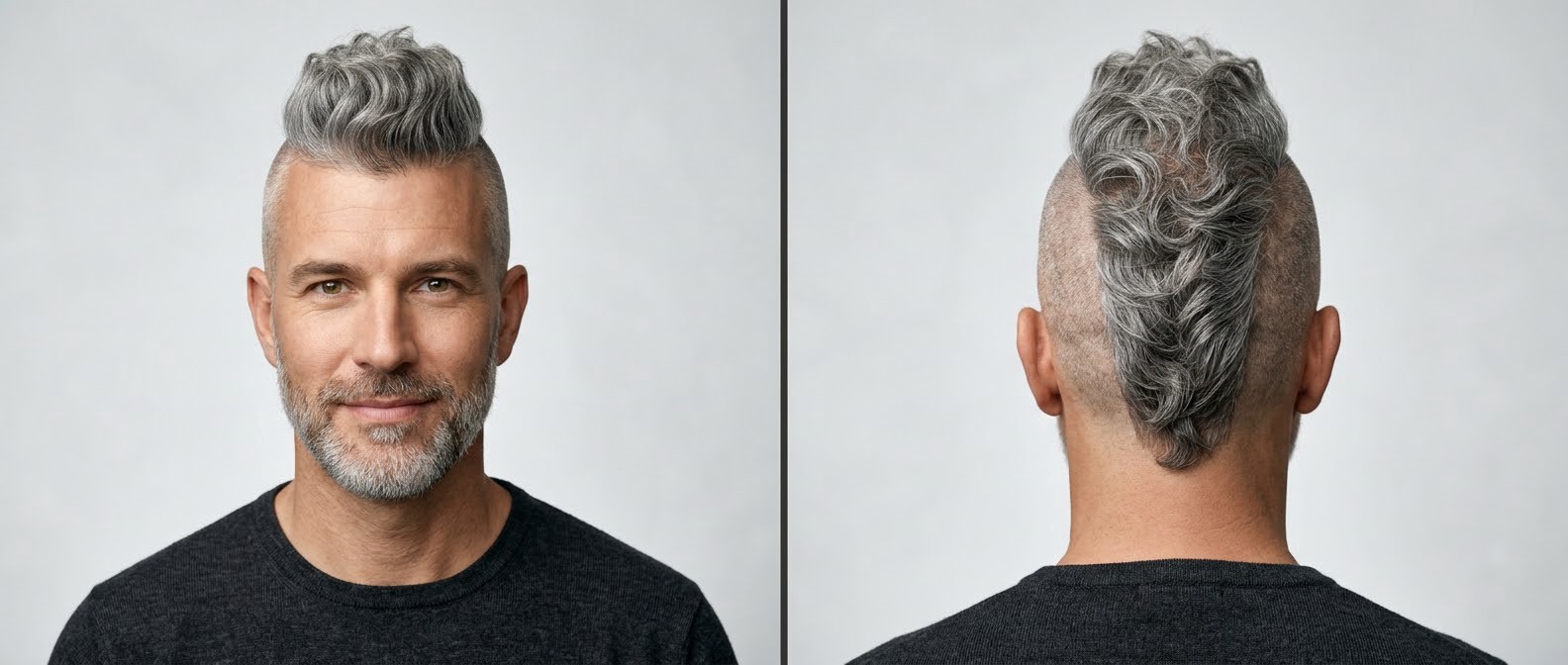 Front and back view of a confident 40-year-old man with a silver wavy mohawk, high skin-shaved sides, and a short gray beard.