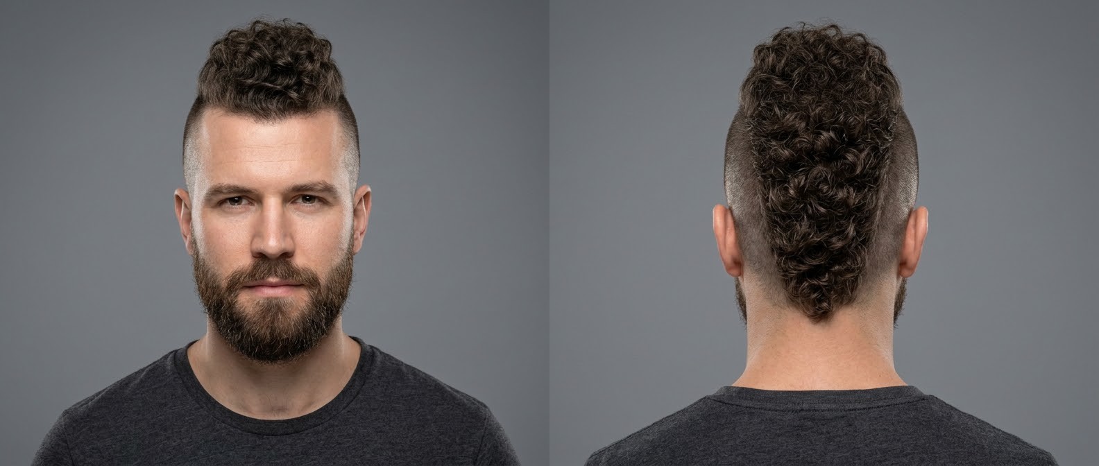 Front and back view of a Caucasian man with a thick Type 3 curly mohawk, skin-shaved sides, and a full groomed beard against a grey background.