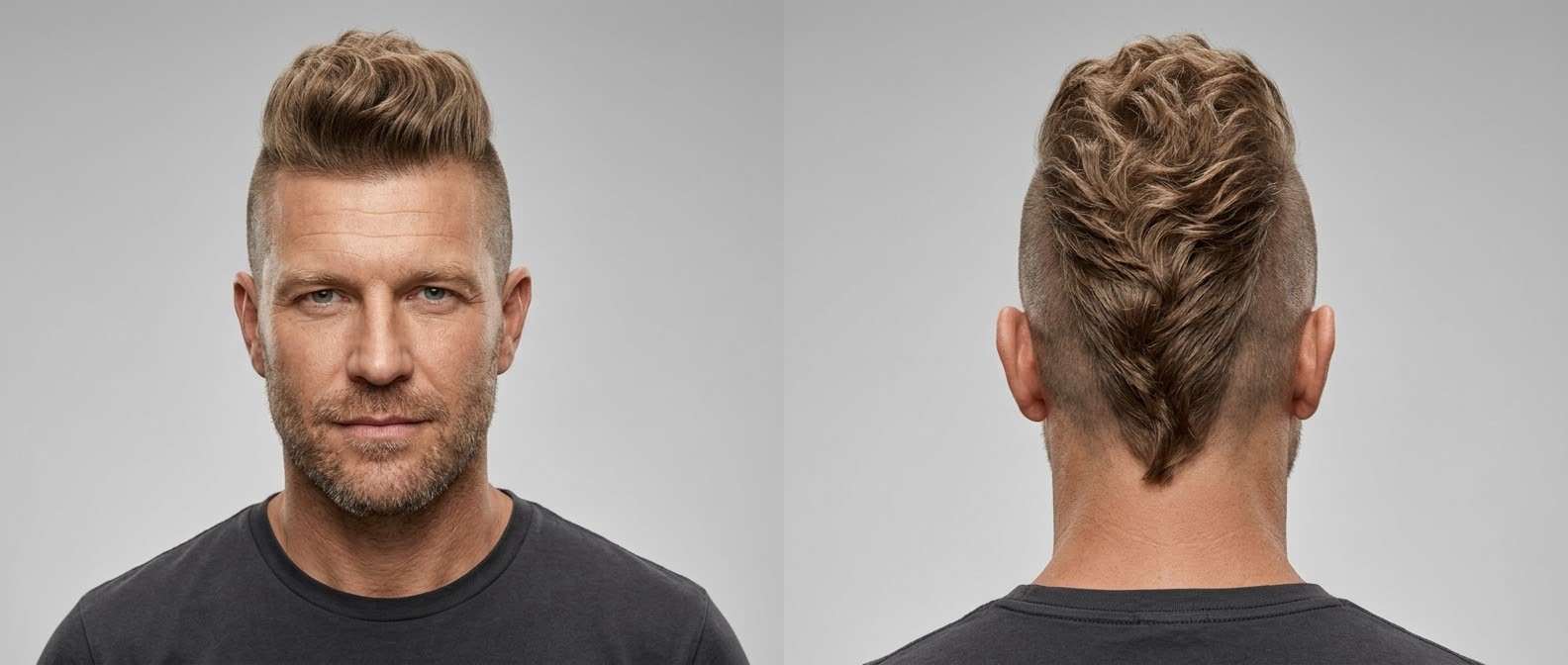 Vue avant et arrière d'un homme mûr avec Mohawk moderne ondulé, côtés rasés et nuque en V texturée.