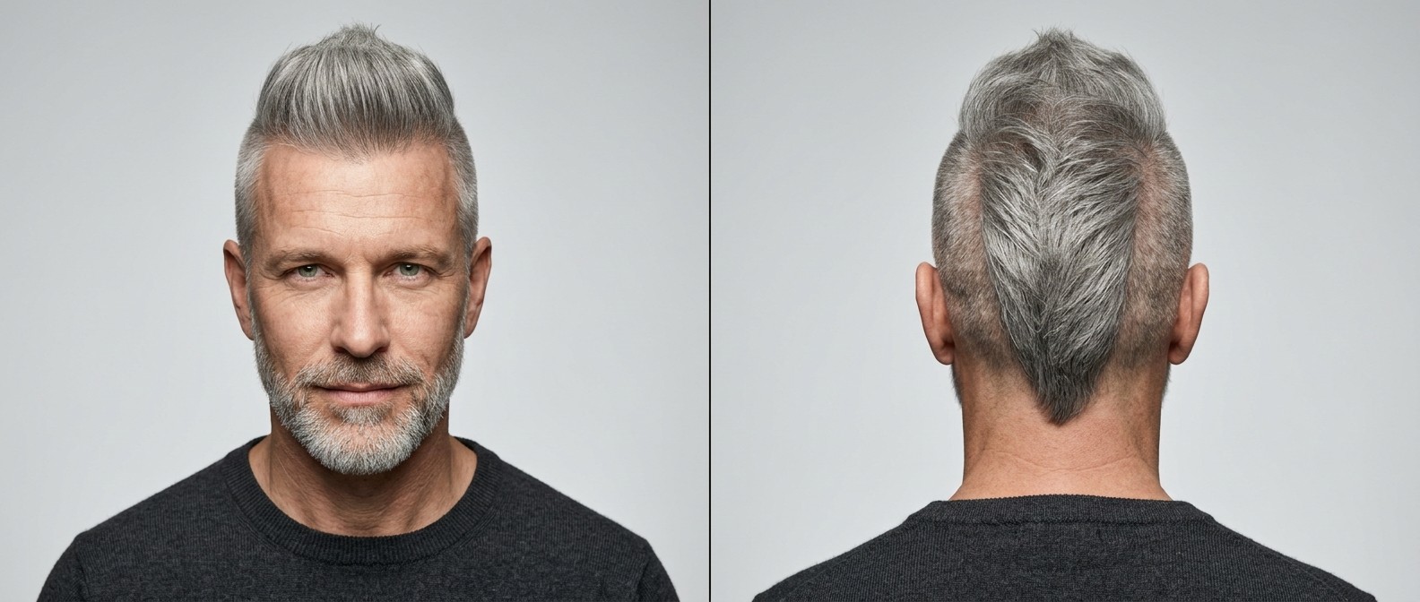 Widok z przodu i z tyłu na dojrzałego mężczyznę ze srebrnym, szerokim irokezem, wygolonymi bokami i krótką siwą brodą.