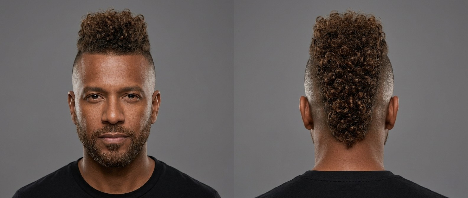 Widok z przodu i z tyłu 45-letniego mężczyzny z owalną twarzą, krótką brodą i brązowym kręconym mohawkiem z wygolonymi bokami.
