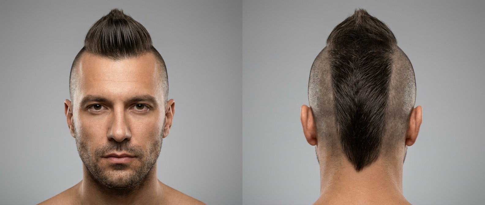 Widok z przodu i z tyłu na mężczyznę z wyrazistym irokezem, wygolonymi bokami i precyzyjnym wycięciem w kształcie V na karku.