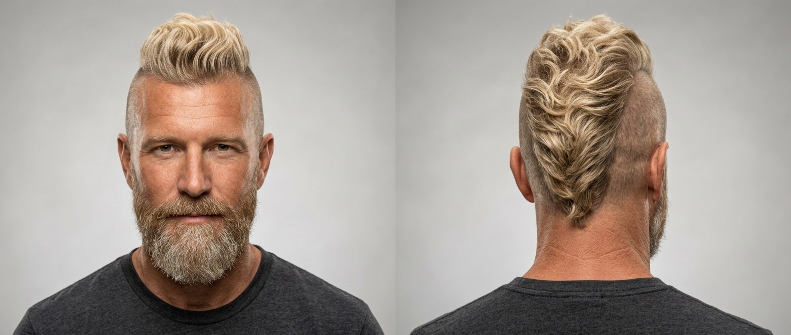 Vue de face et de profil d'un homme mature avec un mohawk blond ondulé, côtés rasés et barbe complète.