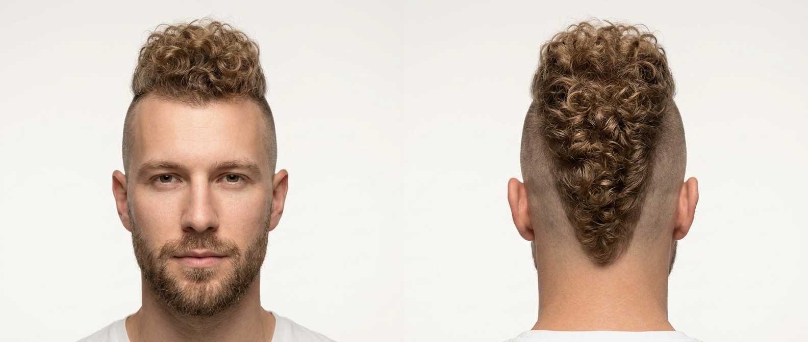 Vista frontal y posterior de un hombre con un mohawk rizado de alto contraste, laterales rapados al cero y nuca en V.