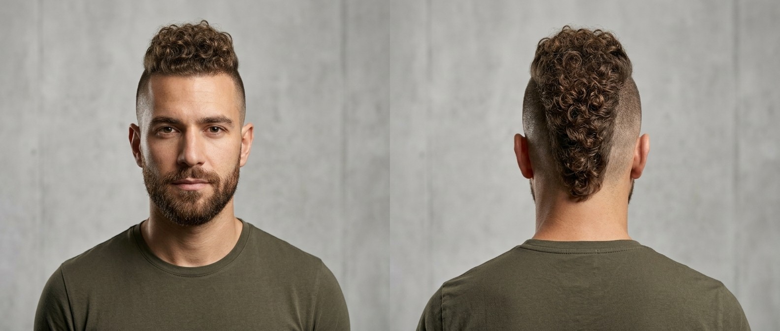 Hombre con mohawk rizado de alto contraste, laterales rapados y barba cuidada, mostrando rizos tipo 3 definidos.